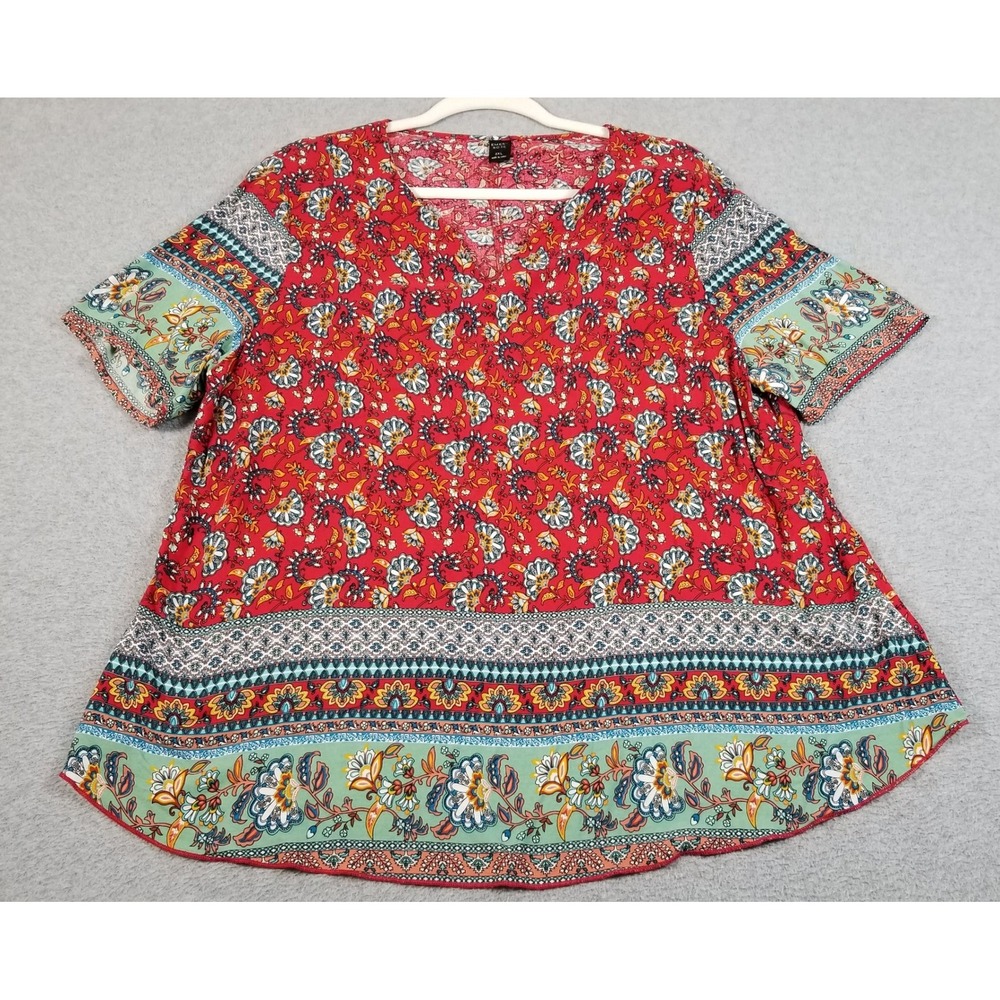 Emery Rose Tunic Blouse Womens XXL 2XL Red Floral Boho V-Neck Short Sleeve Top